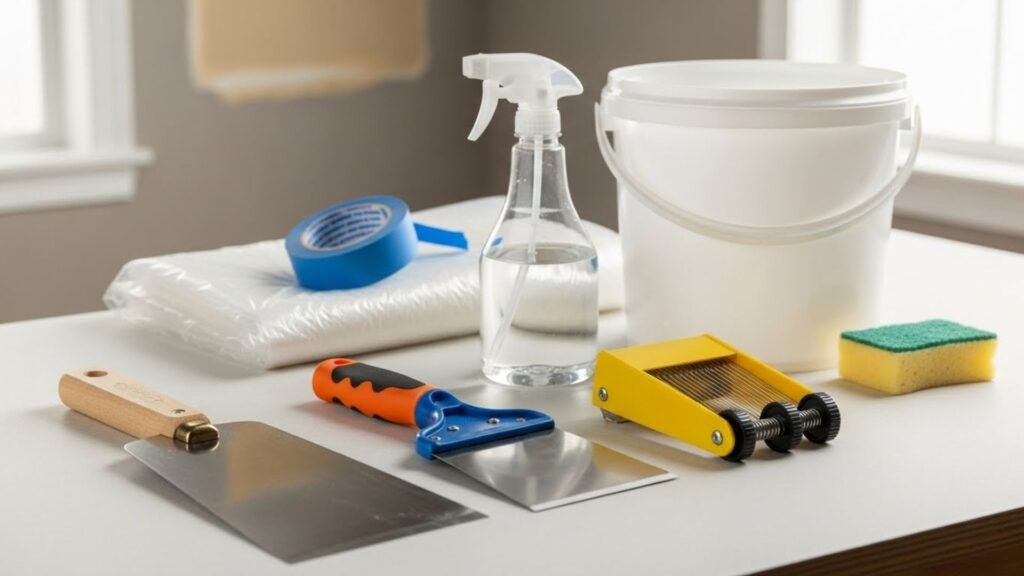 A variety of tools and supplies arranged on a table, including brushes, scissors, and paint tubes.
