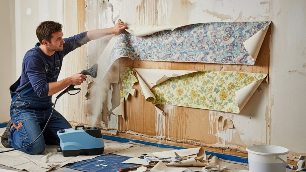 A man carefully painting a wall with wallpaper, demonstrating attention to detail in his work.