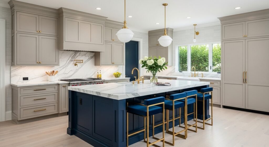 Taupe Cabinets with a Bold-Colored Island
