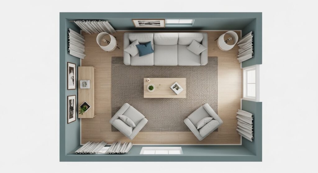 A Balanced Furniture Arrangement in a Quietude Living Room