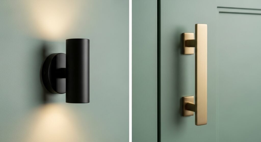 Metallic Accents Brushed Brass vs. Matte Black on Blue-Green Walls